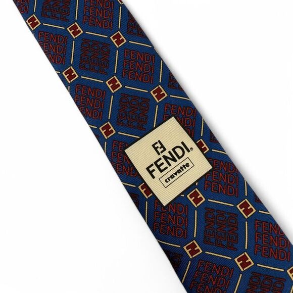 Vintage Fendi Men's 100% Italian Silk Allover Monogram Logo Neck Tie Blue/Red - Picture 6 of 9